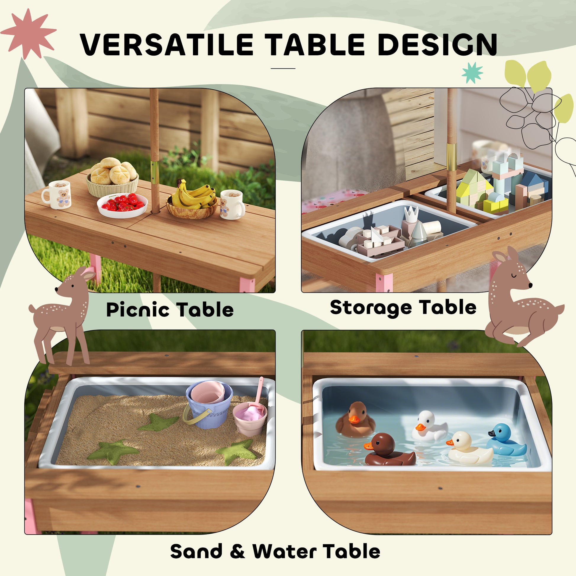 Qaba Kids Picnic Table and Bench Set with Removable Umbrella, Cushions & Boxes, Flamingo Theme for Outdoor, Pink