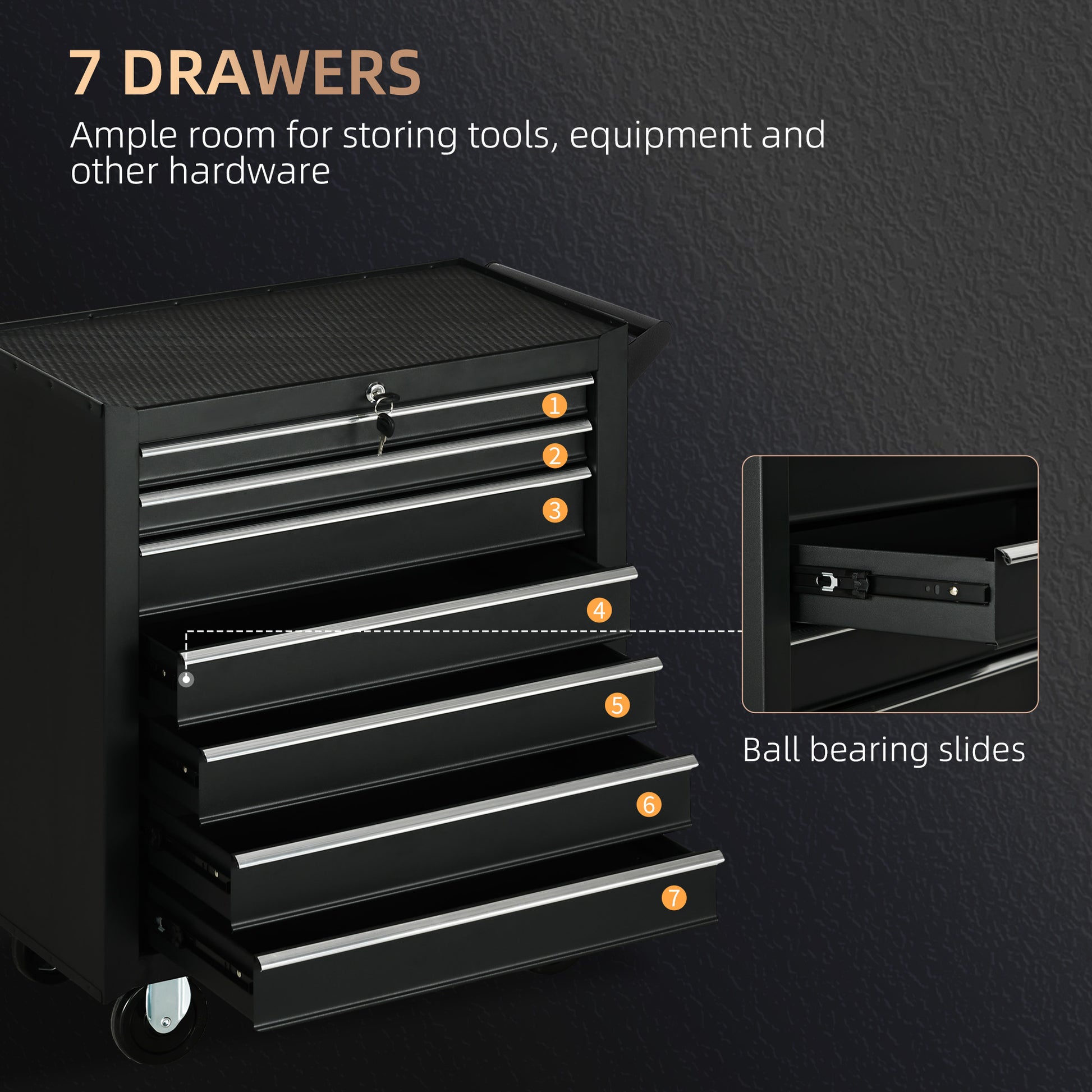 Mobile Lockable Toolbox, 7 Drawer Tool Chest, Storage Organizer with Handle for Workshop, Mechanics, Garage, Black