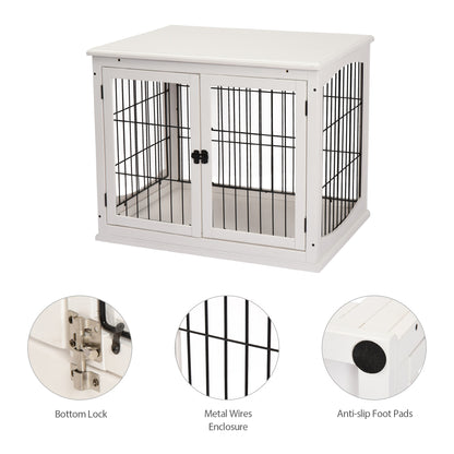 26" Wooden Dog Cage with Double Door Entrance & Simple Modern Design, White