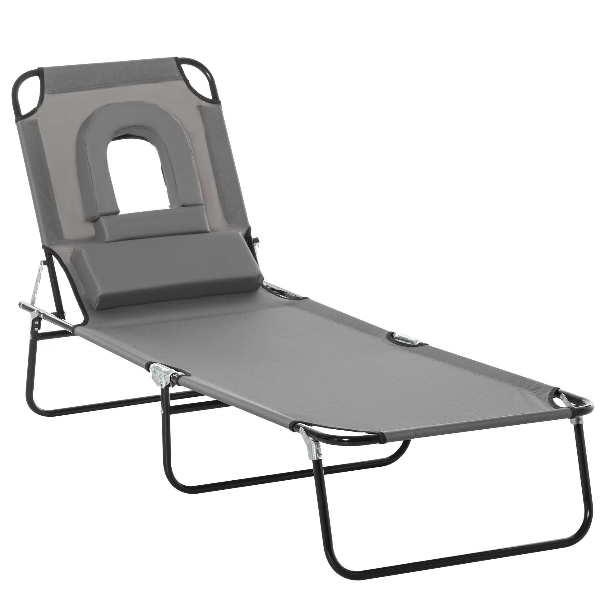 Adjustable Outdoor Lounge Chair, Garden Folding Chaise Lounge with Face Hole Reclining Tanning Chair Seat, Folding Camping Beach Lounging Bed w/ Support Pillow, Grey