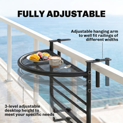 Adjustable Balcony Hanging Rail Table Metal Mounting Mini Wall Desk Storage Rack Outdoor Flower Stand, Black