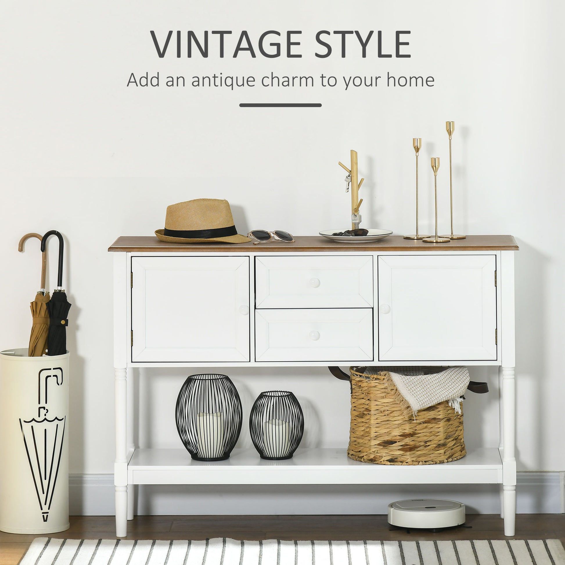 Vintage Console Table with 2 Drawers and Cabinets, Retro Sofa Table for Entryway, Living Room and Bedroom, White