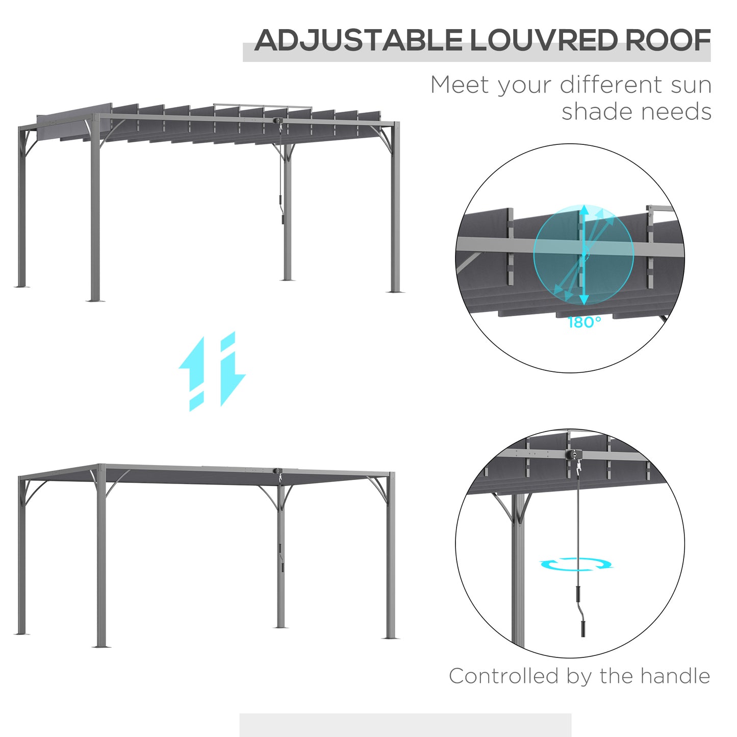 12.8' x 9.7' Louvered Pergola with Retractable Roof, Metal Pergola for Lawn Garden Patio, Grey