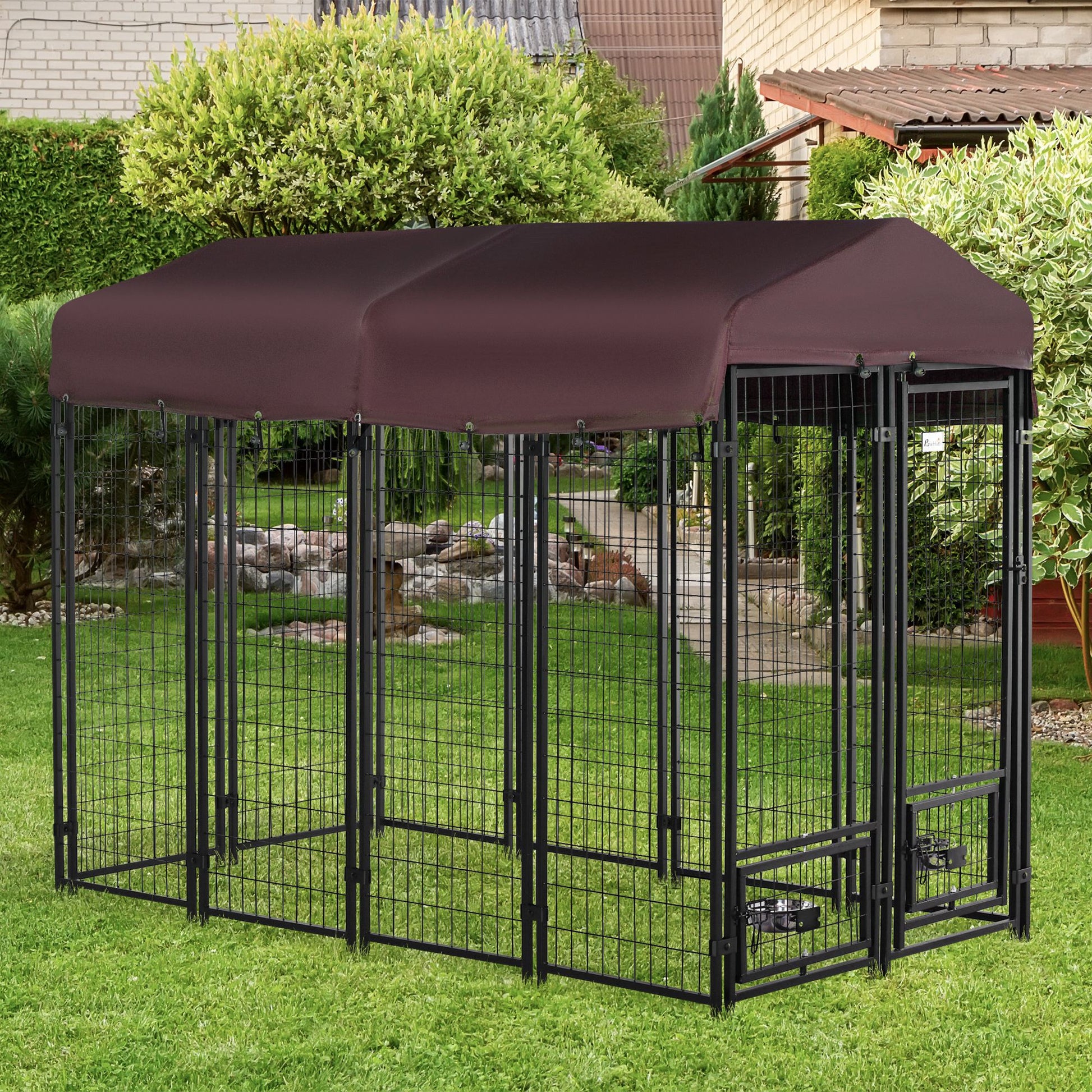 Outdoor Dog Kennel, Lockable Pet Playpen Crate, Welded Wire Steel Fence, Rotating Bowl Holders, Red