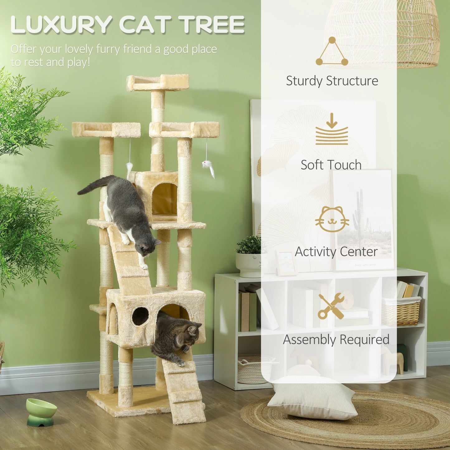 68-inch Multi-Level Cat Scratching Tree Kitty Activity Center Post Tower Condo Pet Furniture w/ Toy Beige