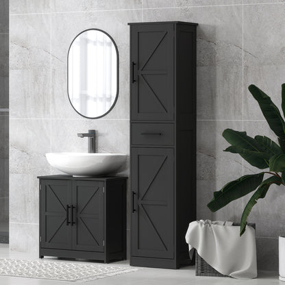 67" Tall Bathroom Cabinet, Narrow Bathroom Storage Cabinet with Drawer, Barn Doors and Adjustable Shelves, Black