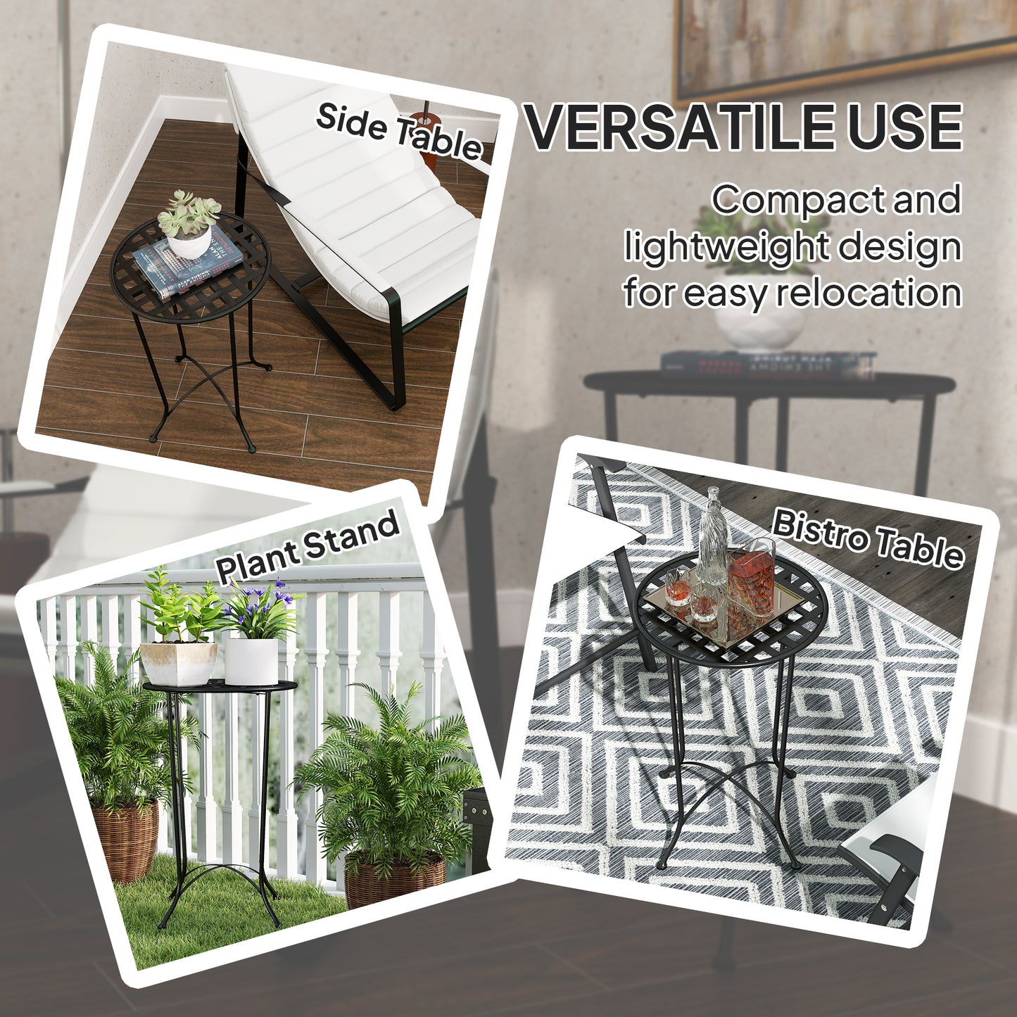 16" Round Outdoor Table, Small Patio Side Table, Metal End Table Plant Stand with Grid Top for Indoor, Garden, Black