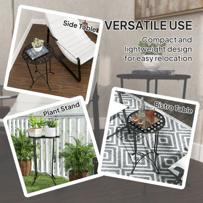 16" Round Outdoor Table, Small Patio Side Table, Metal End Table Plant Stand with Grid Top for Indoor, Garden, Black