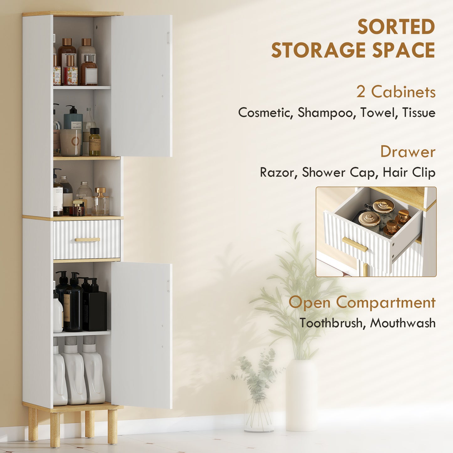 Tall Bathroom Storage Cabinet, Freestanding Bathroom Cabinet with Drawer, Adjustable Shelves, Open Compartment, White