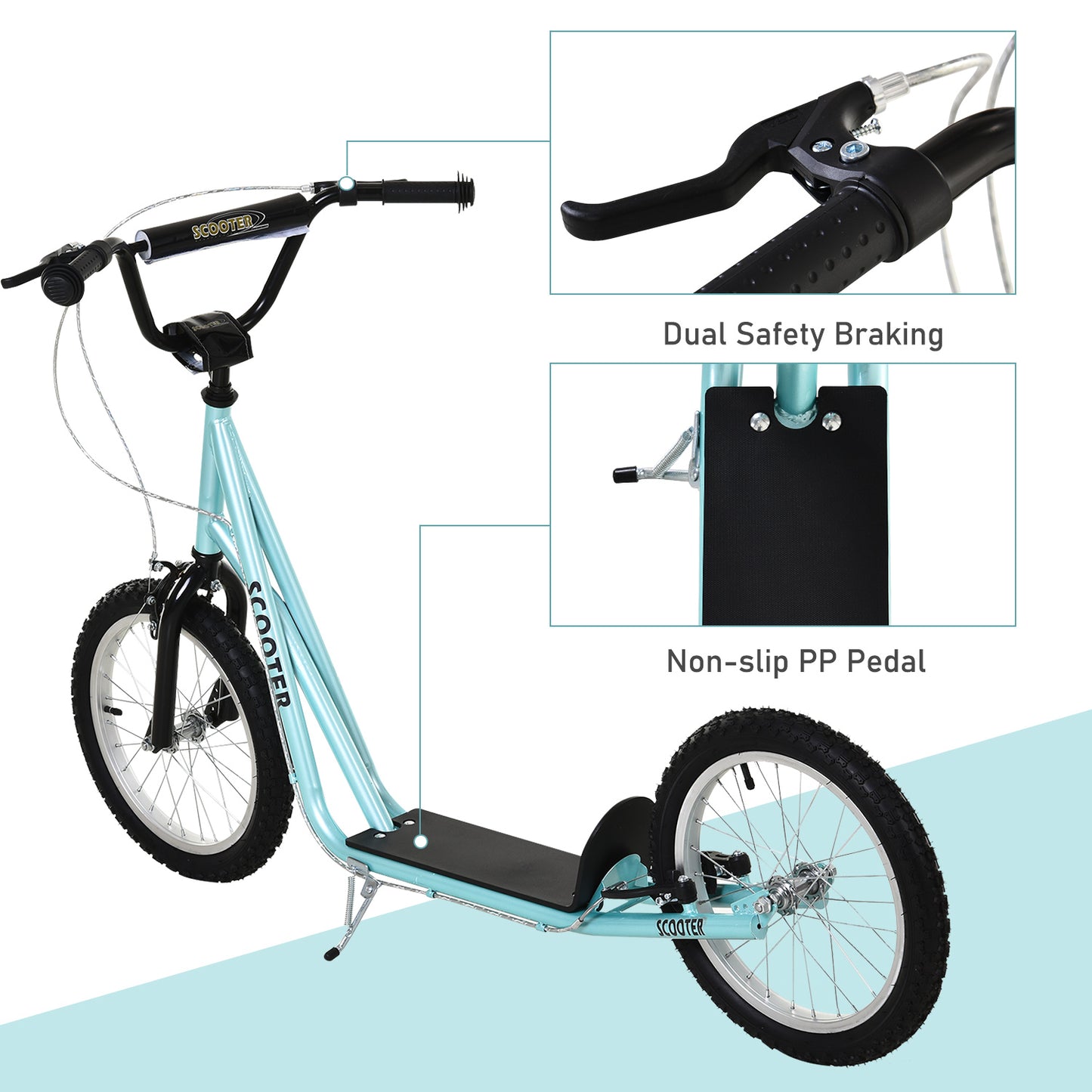 Aosom Kids Kick Scooter for 5+ Year Old, Kids Ride on Toy w/ 16'' Inflatable Wheel Dual Brakes, Blue