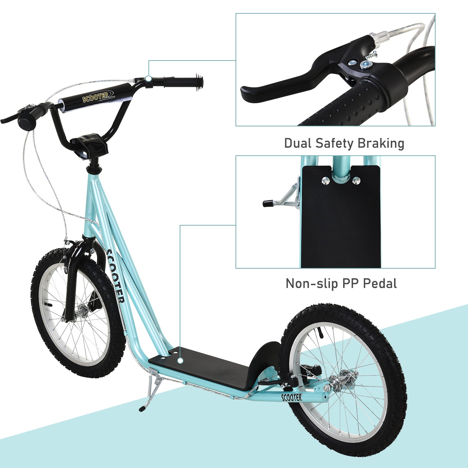 Aosom Kids Kick Scooter for 5+ Year Old, Kids Ride on Toy w/ 16'' Inflatable Wheel Dual Brakes, Blue