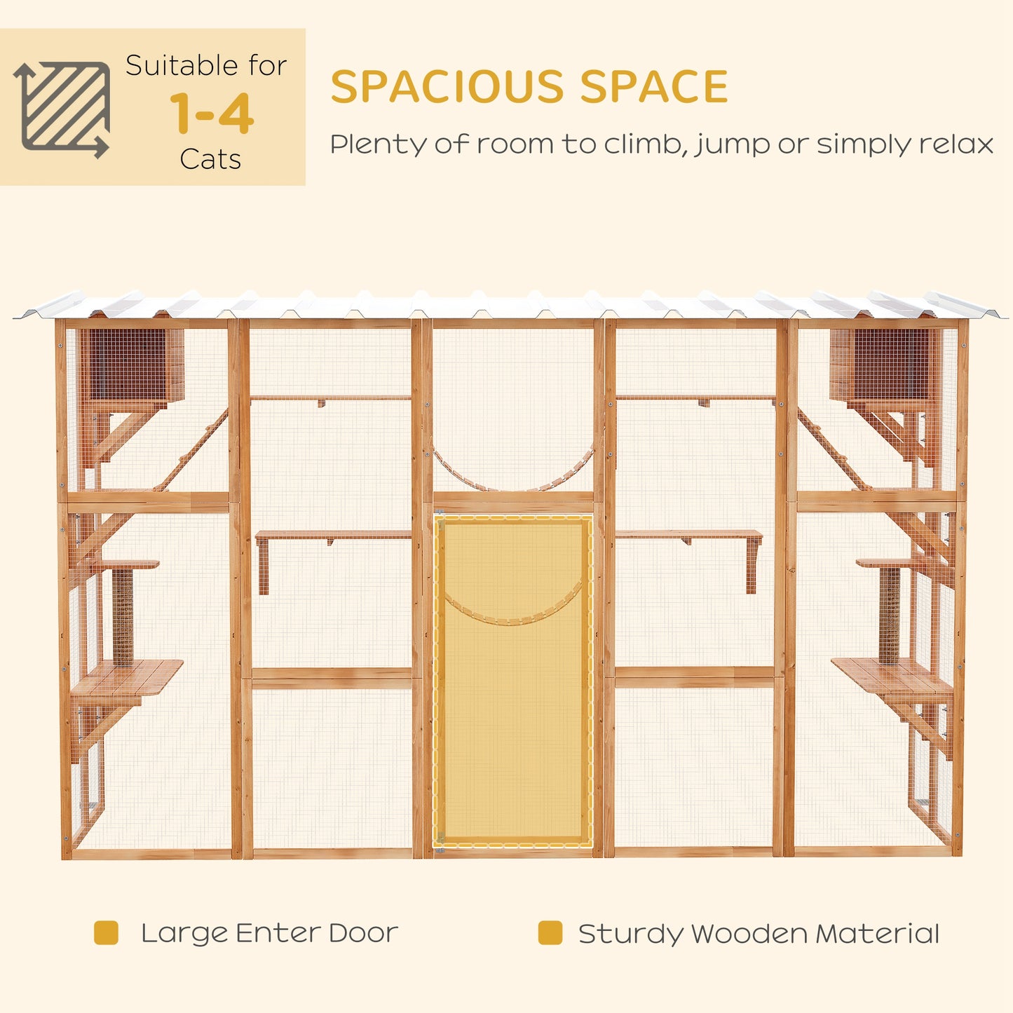 Large Outdoor Catio with Condos, Platforms, Doors, Ladders, Weather-Resistant Roof, Orange