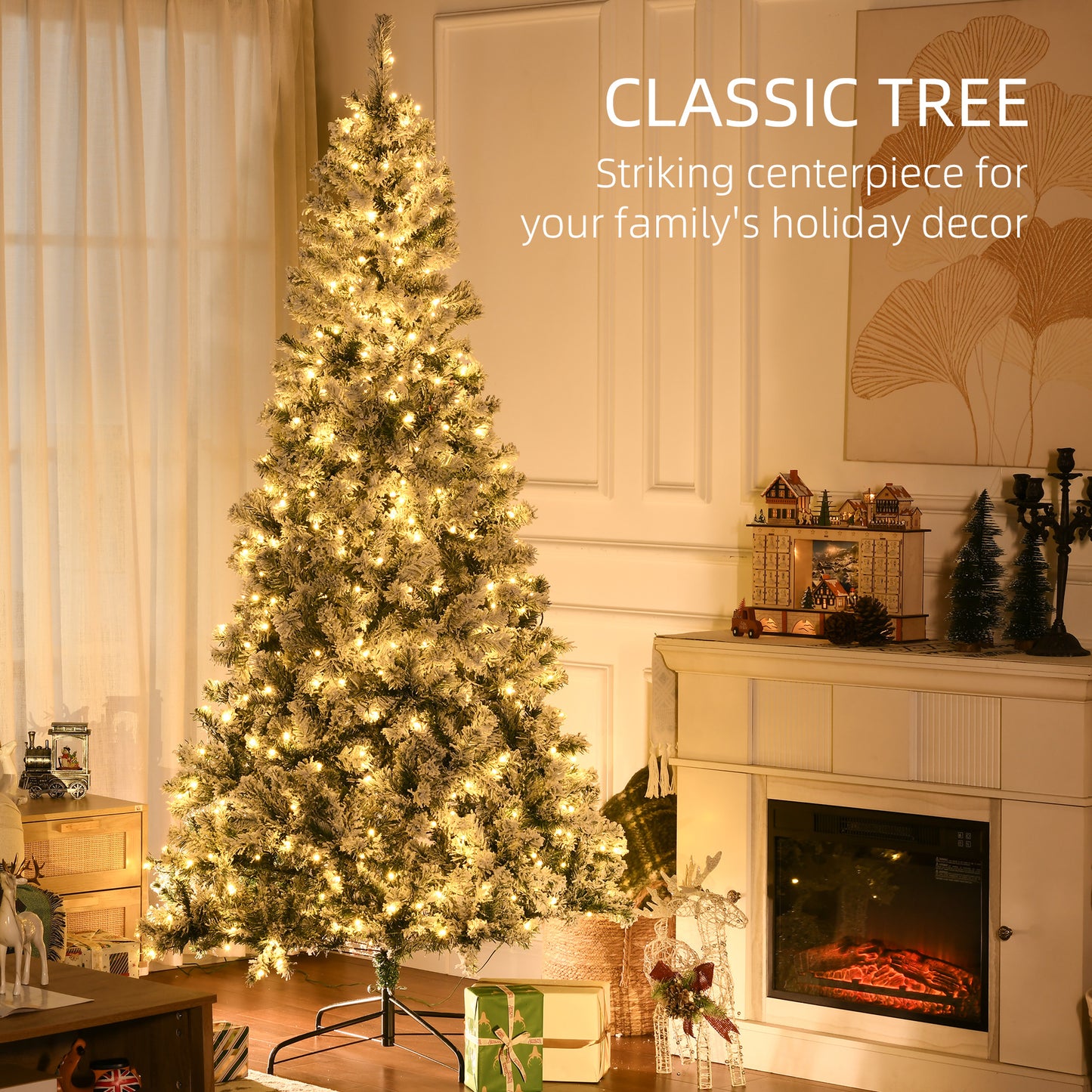 7.5ft Artificial Prelit Christmas Tree with Warm White LED Light, Snow Flocked Branches, Metal Base, Xmas Tree