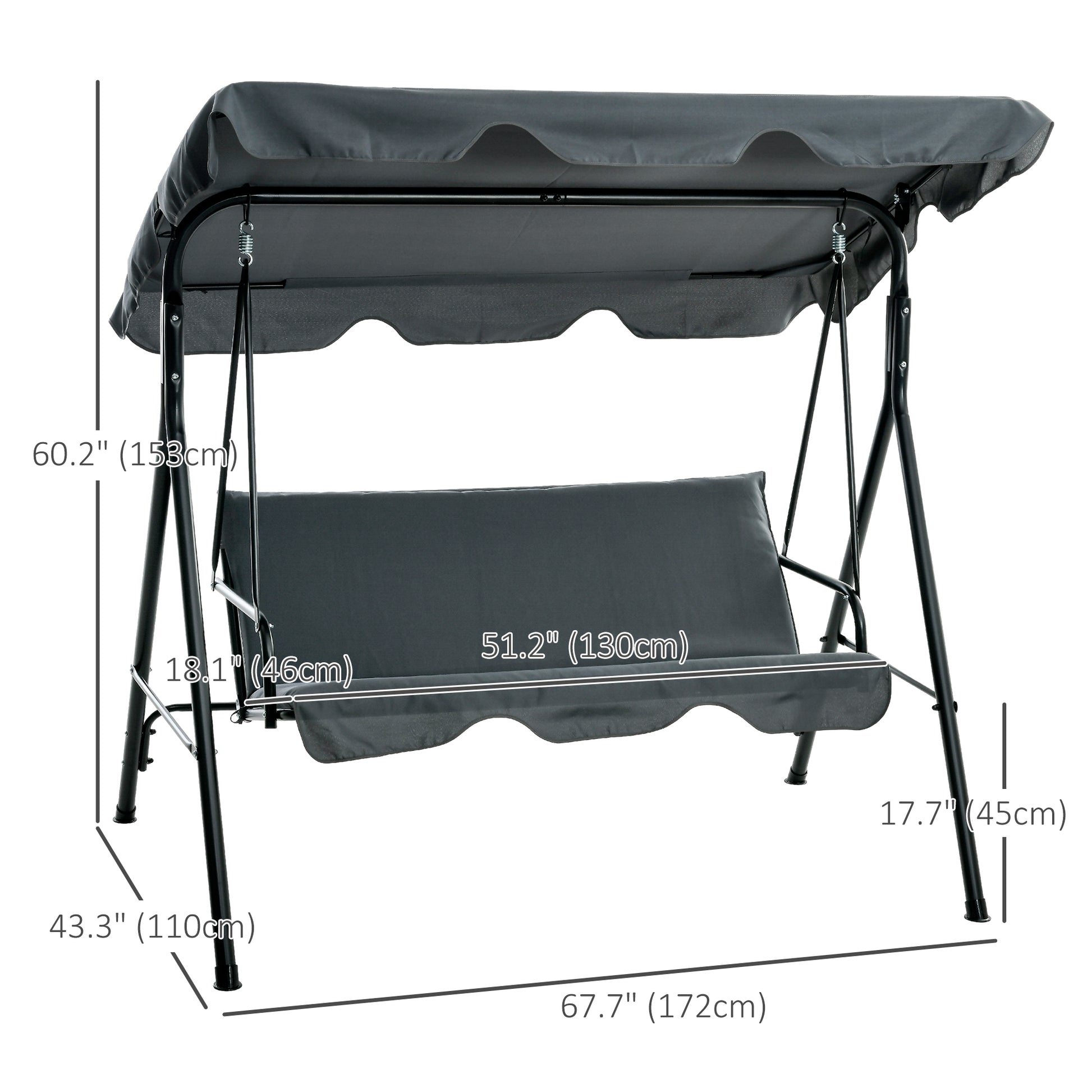 3-Seater Outdoor Porch Swing with Adjustable Canopy, Patio Swing Chair for Garden, Poolside, Backyard, Grey