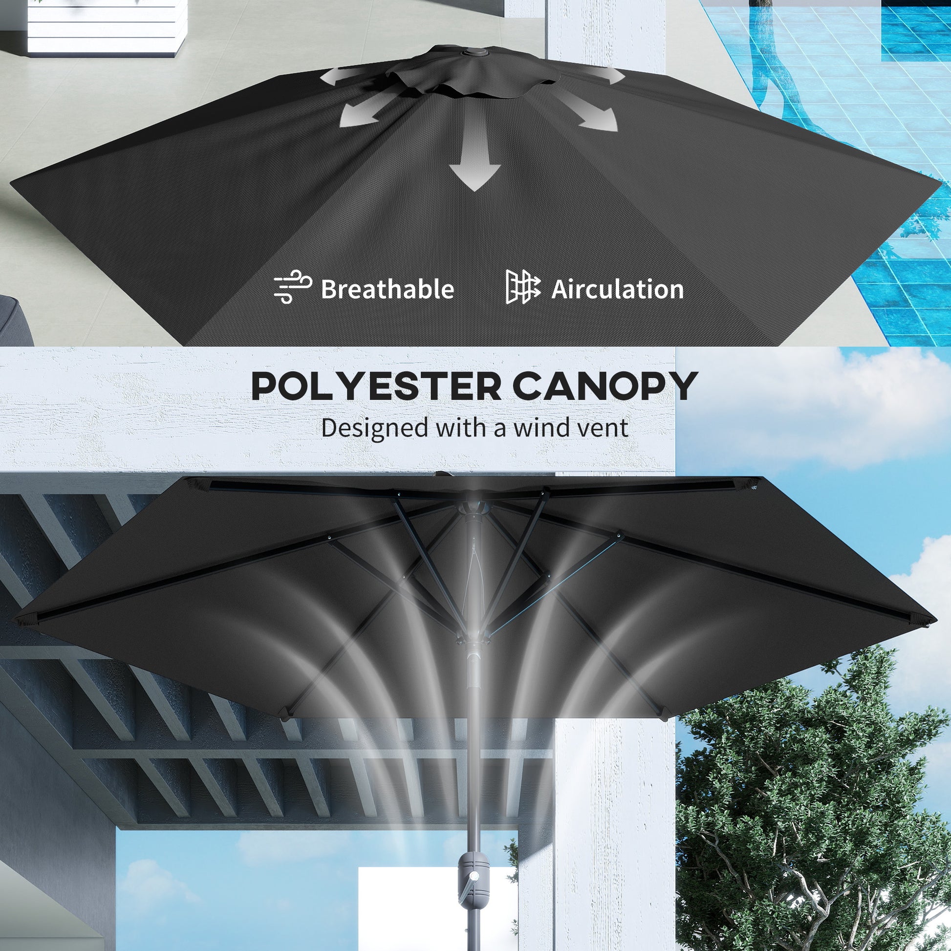 Patio Sun Umbrella, Outdoor Parasol with 6 Ribs, Black