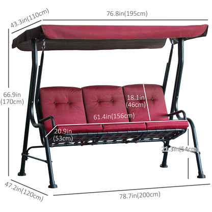 3-Person Porch Swing Chair, Patio Swing Bench with Adjustable Canopy, Removable Thicken Cushion and Weather Resistant Steel Frame for Outdoor, Garden, Poolside, Wine Red