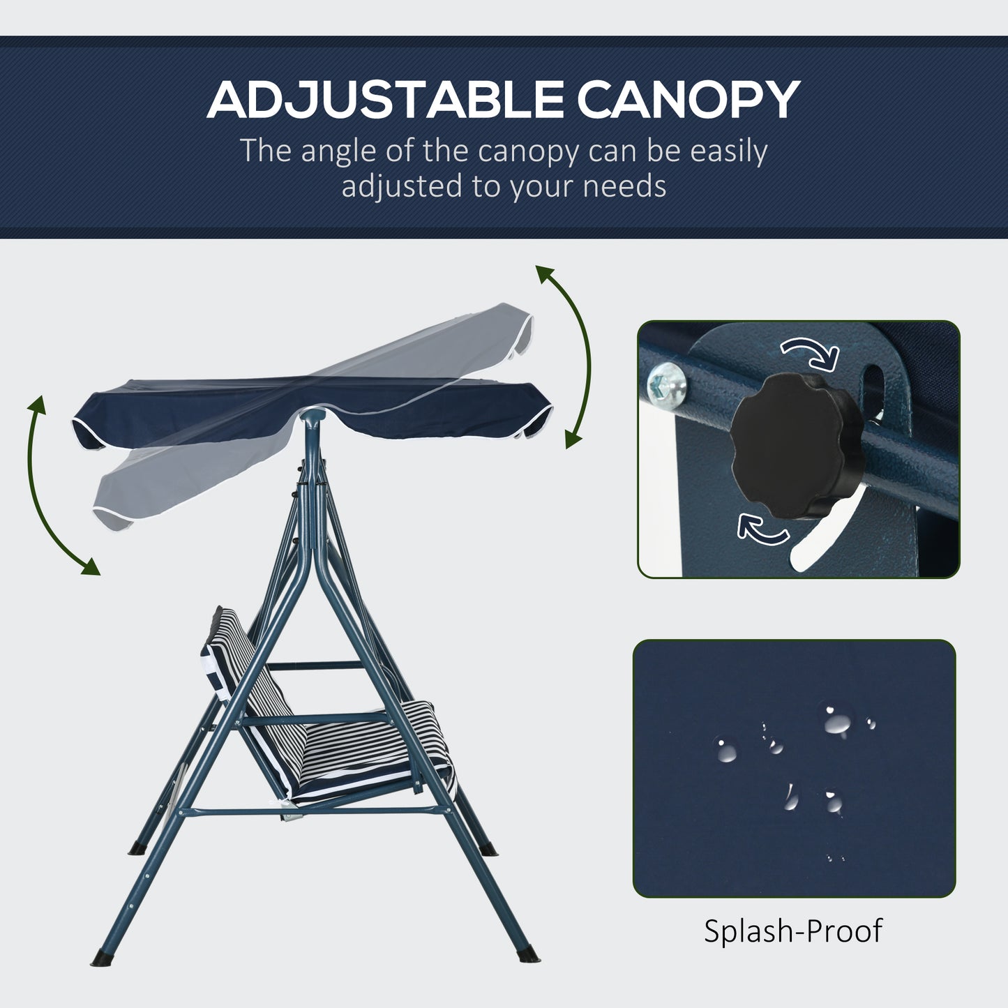 3-Seater Outdoor Porch Swing with Adjustable Canopy, Patio Swing Chair for Garden, Poolside, Backyard, Blue and White