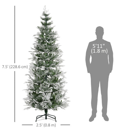 7.5 Feet Pencil Snow Flocked Artificial Christmas Tree with 880 Realistic Cypress Branches, Auto Open, Green