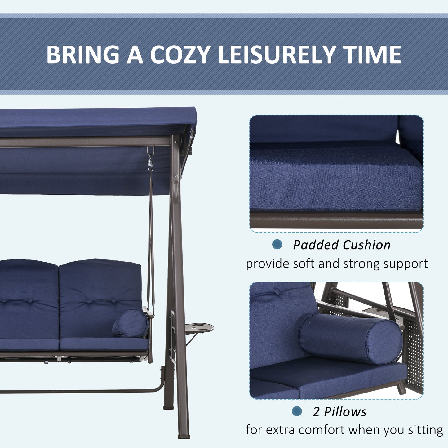 Outdoor Patio 3-Person Steel Canopy Cushioned Seat Bench Swing with Included Side Trays & Padded Comfort, Dark Blue