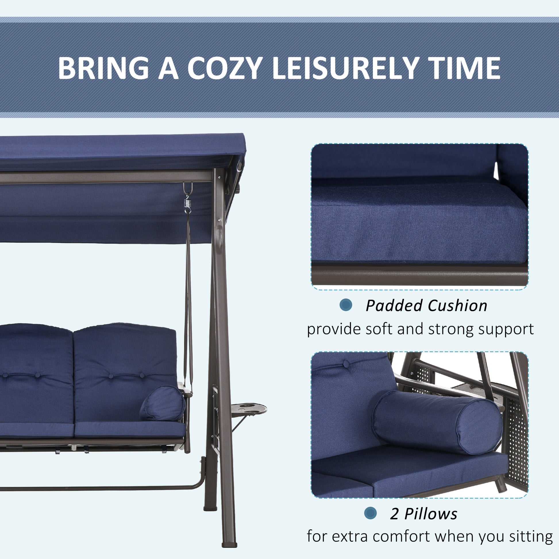 Outdoor Patio 3-Person Steel Canopy Cushioned Seat Bench Swing with Included Side Trays & Padded Comfort, Dark Blue