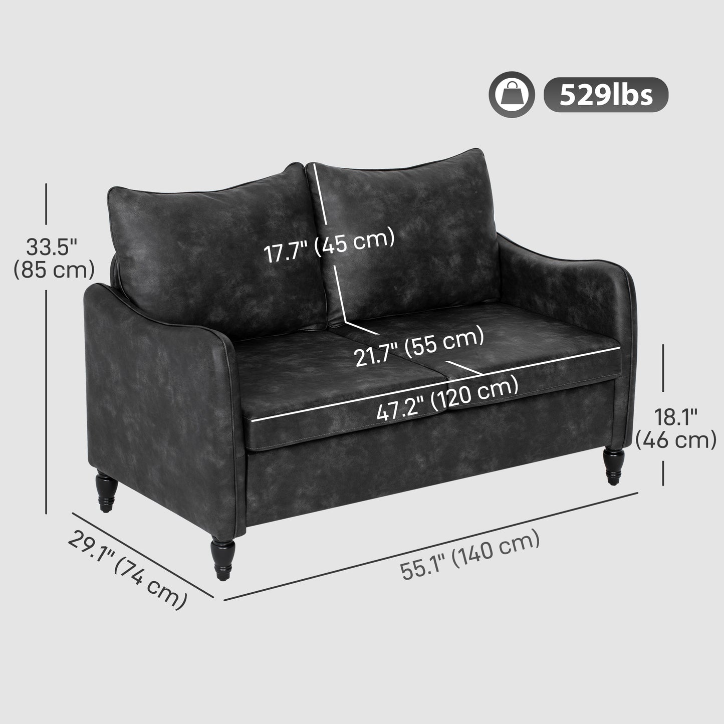 55" Loveseat Sofa, Small 2 Seater Couch with Solid Wood Legs, Modern PU Leather Upholstered Sofa for Small Spaces, Grey
