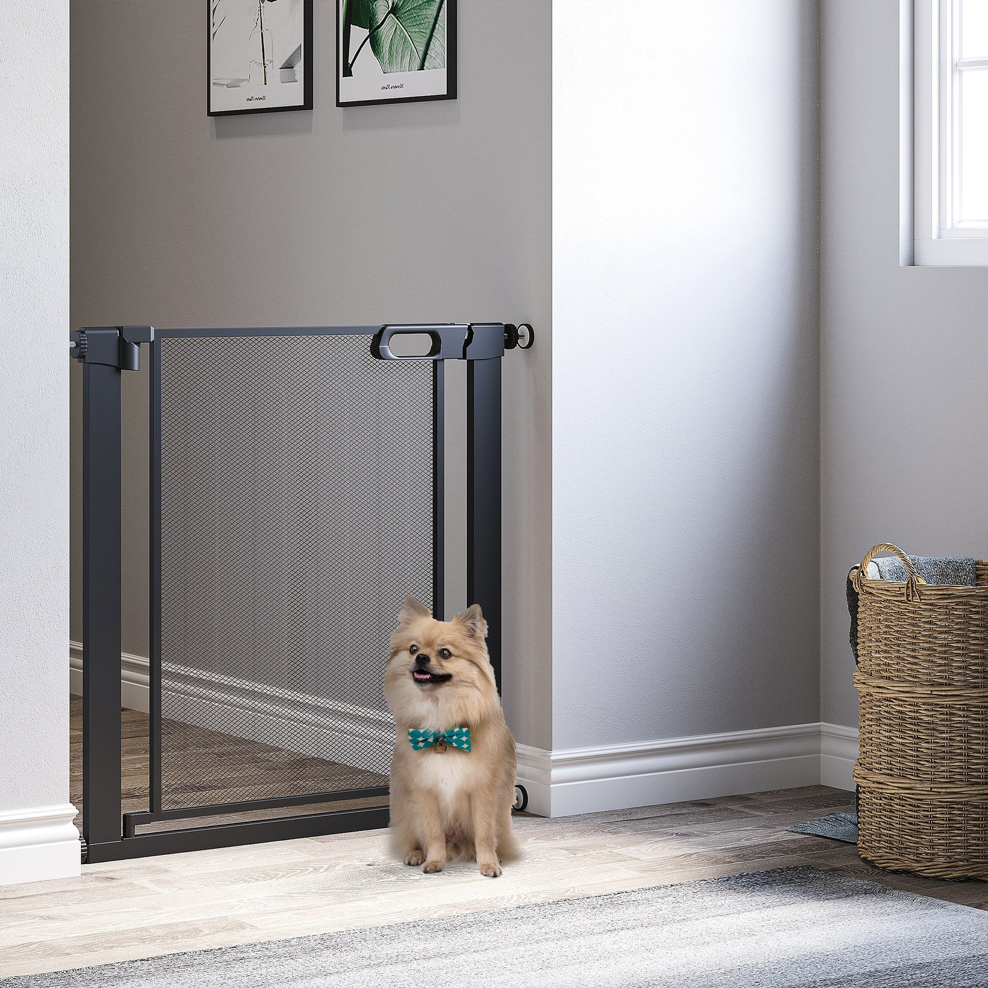 29.5"-32.3" Metal Pet Gate, w/ Auto Closing Door, Double Locking, Dog Gate for Doorways, Stairs, Hallways, Indoor/Outdoor, Black