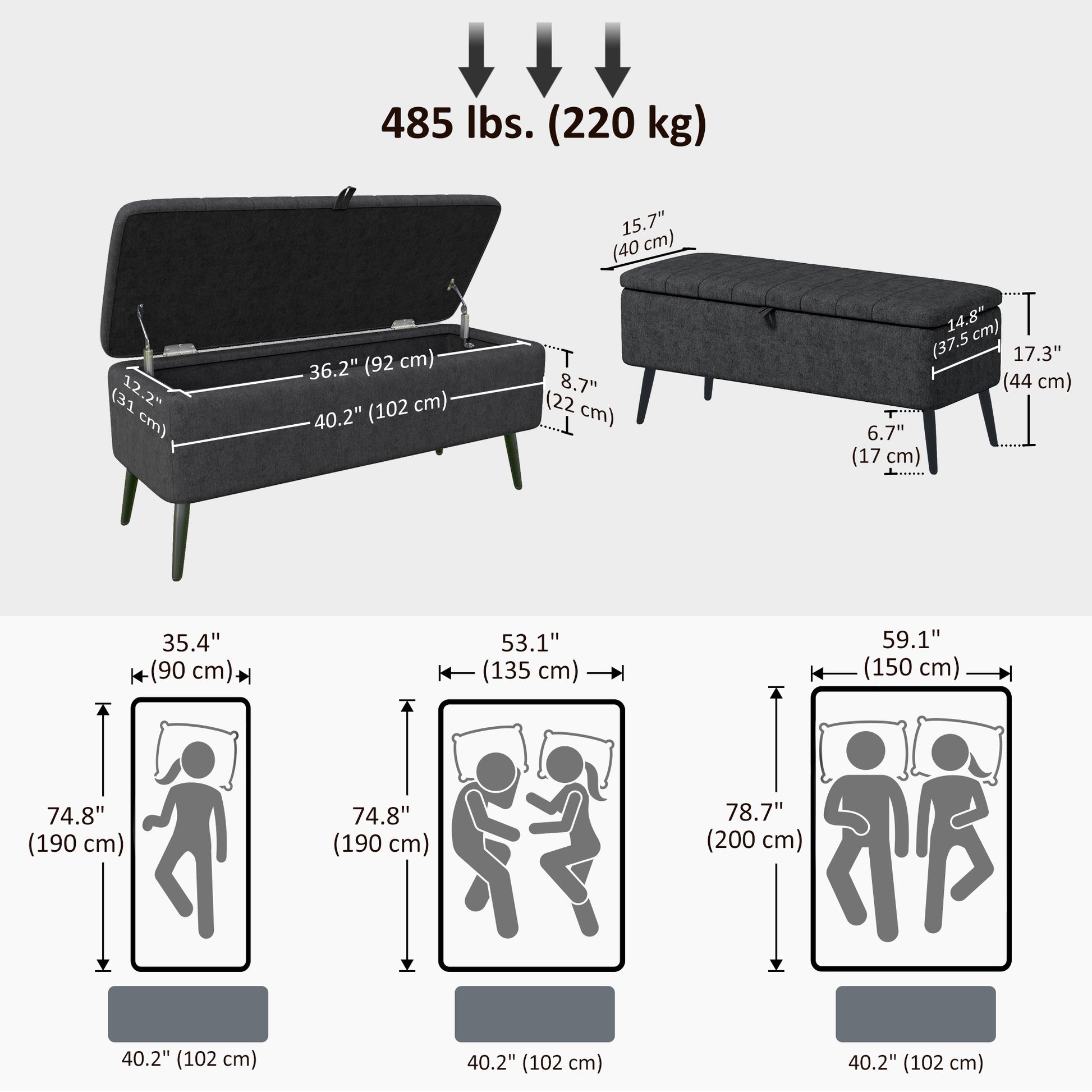 40" Ottoman with Storage, Linen Upholstered Storage Ottoman Bench with Steel Legs for Living Room, Bedroom Black
