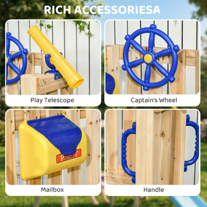 Wooden Kids Swing Set with Slide, Swing Seat, Captain's Wheel, Telescope, for Ages 18-48 Months, Natural