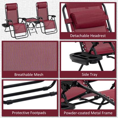 Zero Gravity Chair Set of 2 Patio Chair with Side Table Cupholders and Pillows for Pool, Backyard, Lawn, Beach, Red