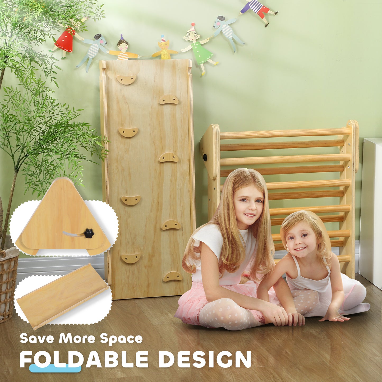 Qaba Pikler Triangle Set, 3 in 1 Climbing Toys with Ramp for Toddlers, Nature Wood