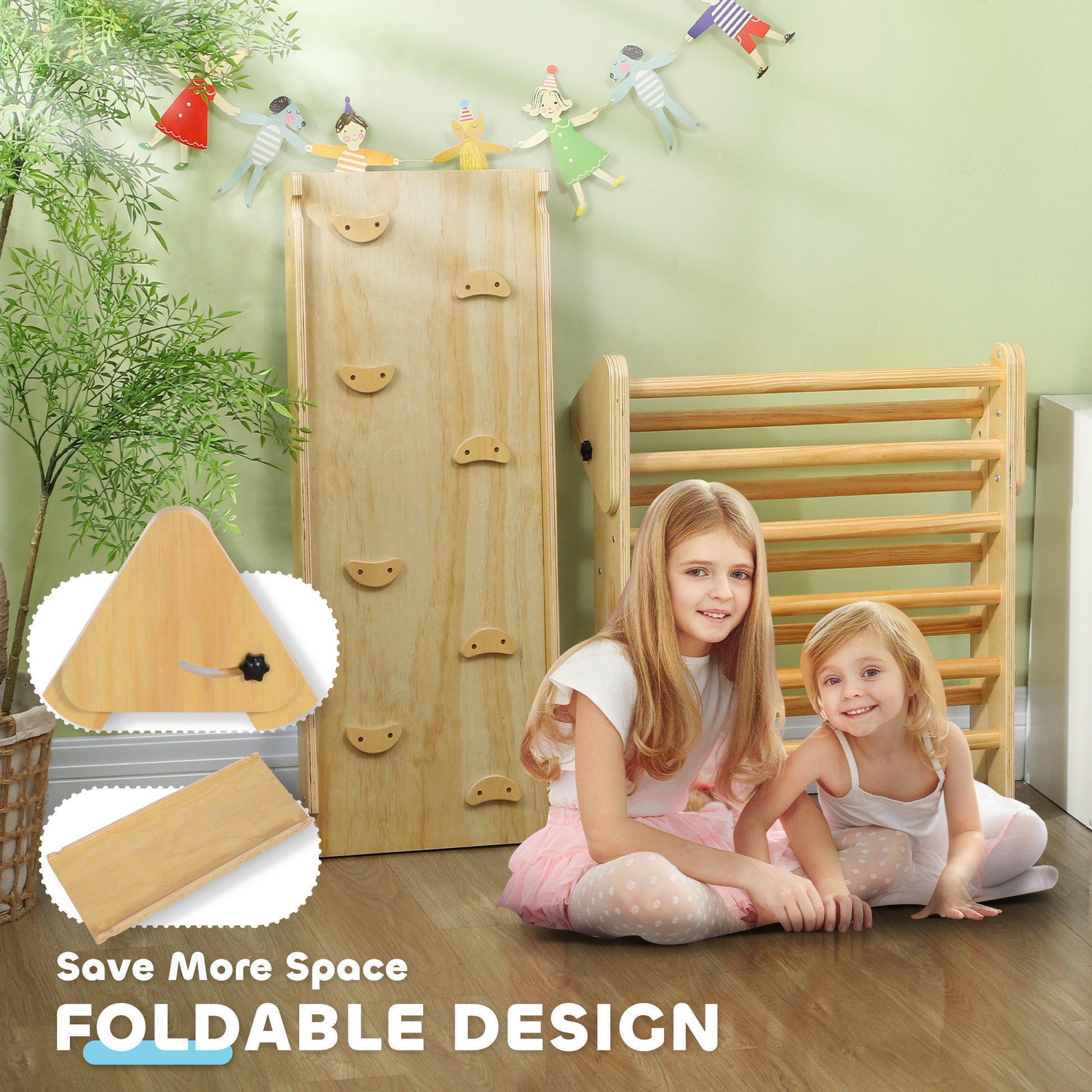 Qaba Pikler Triangle Set, 3 in 1 Climbing Toys with Ramp for Toddlers, Nature Wood