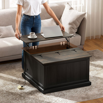 Lift Top Coffee Table with Charging Station, Square Farmhouse Center Table with Hidden Storage, Black Wood Grain