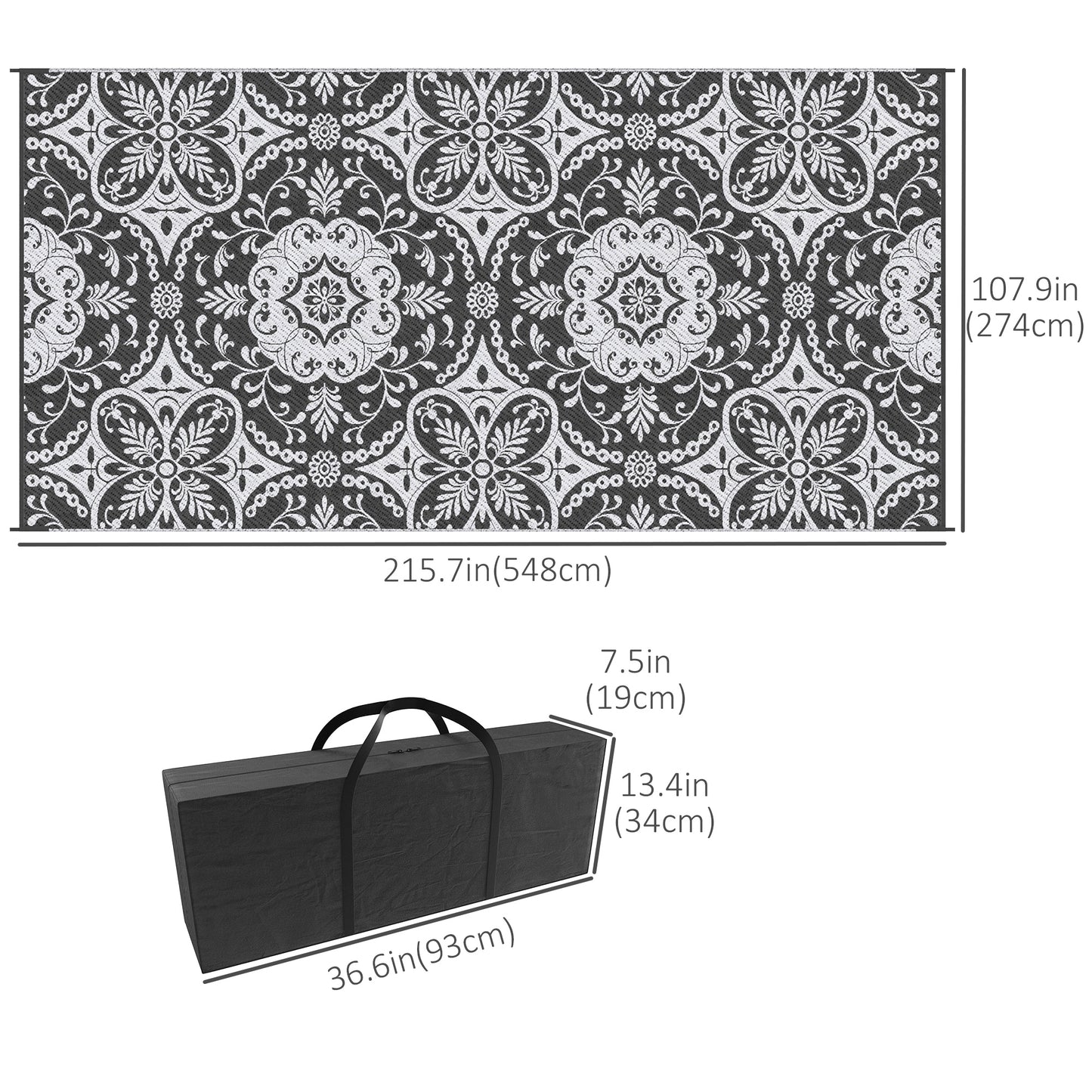 Portable Outdoor Rug with Carry Bag, 9' x 18' Reversible Mat, Waterproof Plastic Straw RV Rug for Backyard, Deck, Picnic, Beach, Camping, Gray & White Flower
