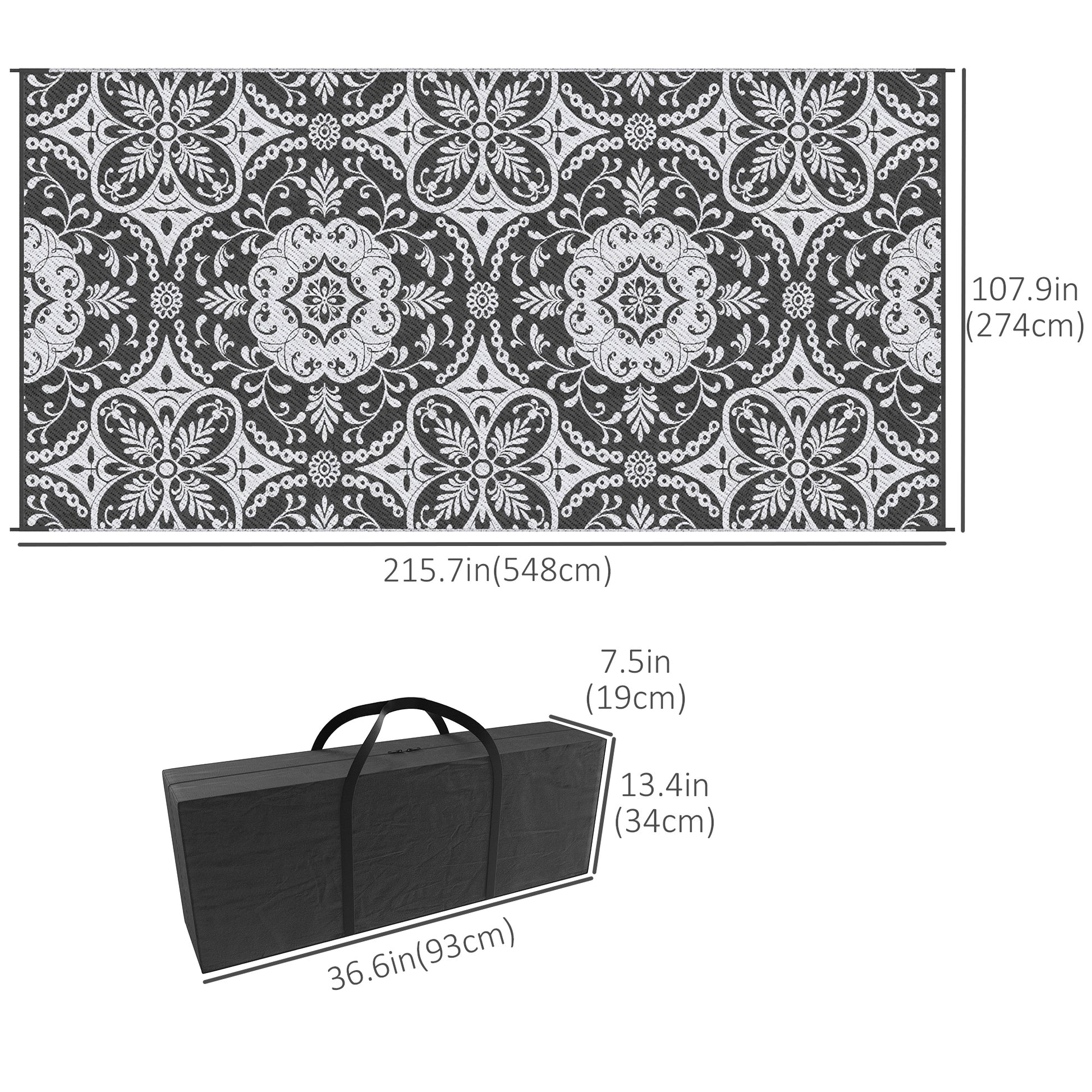 Portable Outdoor Rug with Carry Bag, 9' x 18' Reversible Mat, Waterproof Plastic Straw RV Rug for Backyard, Deck, Picnic, Beach, Camping, Gray & White Flower