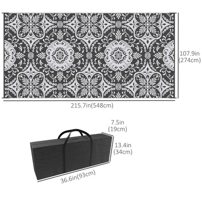 Portable Outdoor Rug with Carry Bag, 9' x 18' Reversible Mat, Waterproof Plastic Straw RV Rug for Backyard, Deck, Picnic, Beach, Camping, Gray & White Flower