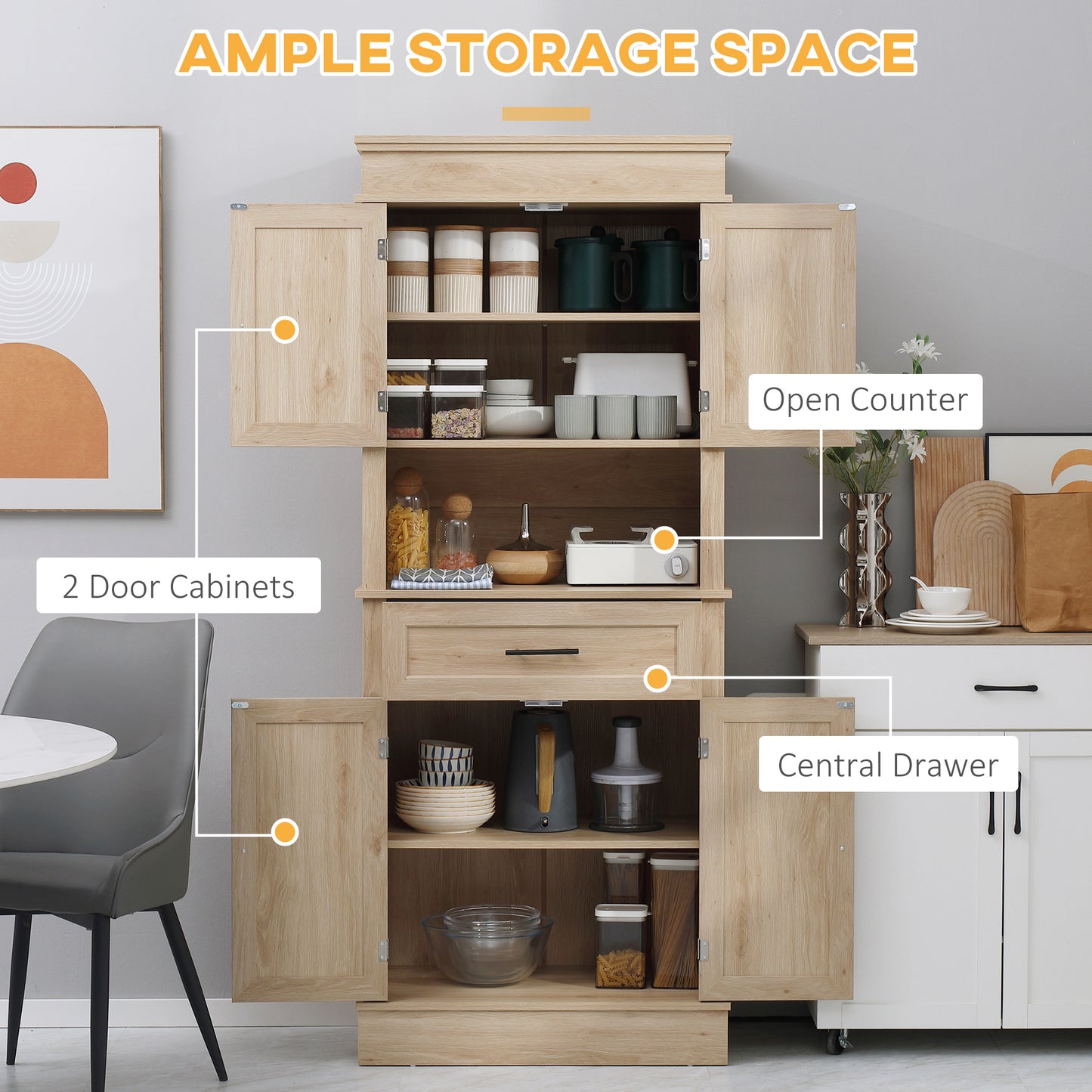 Modern Freestanding Kitchen Pantry Cabinet with Doors Open Shelves Adjustable Shelving Microwave Space, Oak