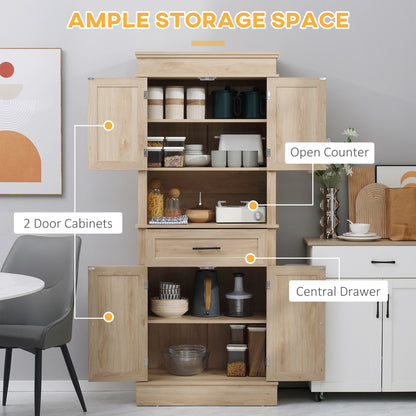 Modern Freestanding Kitchen Pantry Cabinet with Doors Open Shelves Adjustable Shelving Microwave Space, Oak