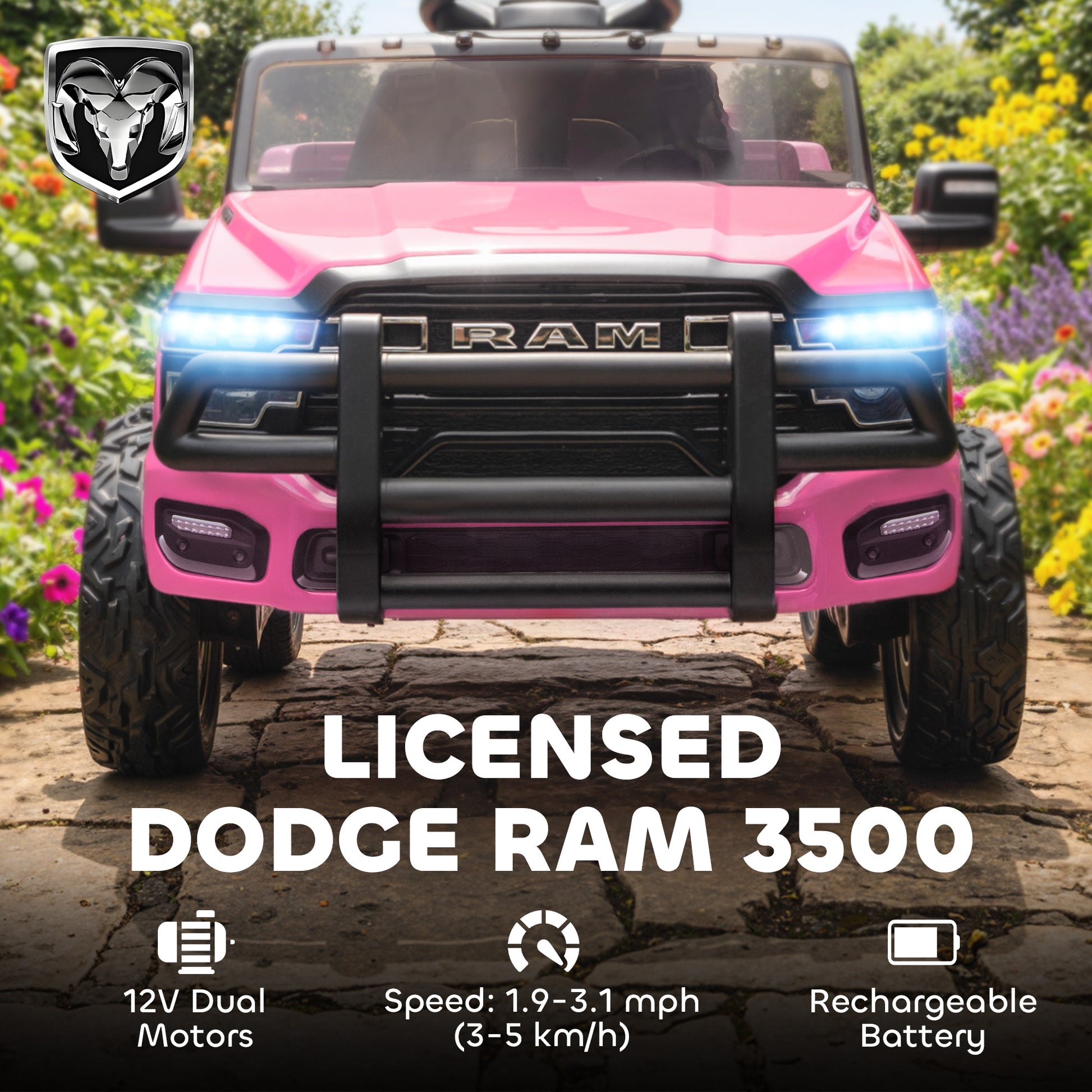Qaba 12V Ride on Car, Licensed Dodge RAM 3500 Electric Vehicle with Remote Control, Suspension for 3-5 Years, Pink