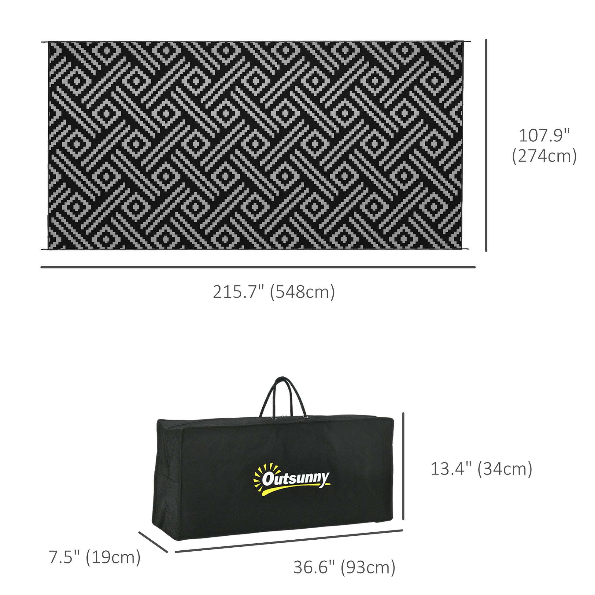 Reversible Outdoor Rug Waterproof Plastic Straw RV Rug with Carry Bag, 9' x 18', Black and Grey Geometric