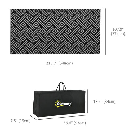 Reversible Outdoor Rug Waterproof Plastic Straw RV Rug with Carry Bag, 9' x 18', Black and Grey Geometric