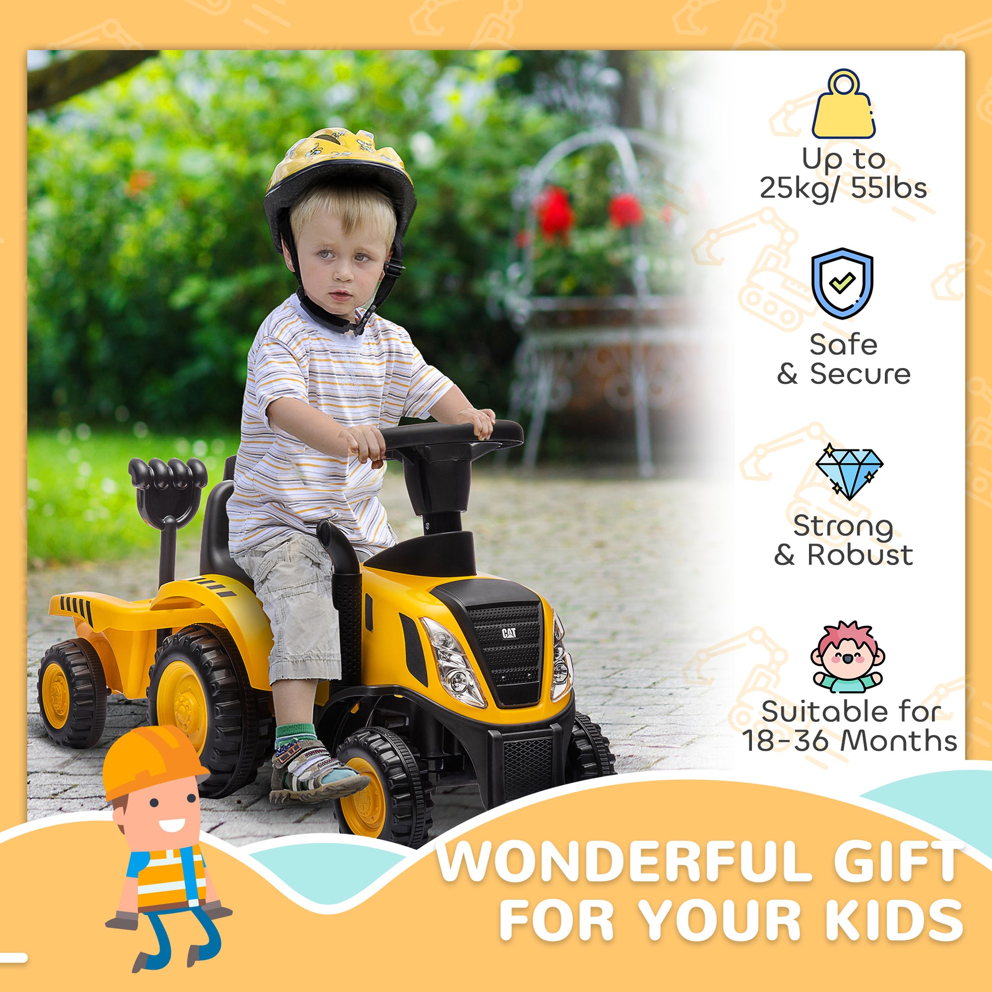 Qaba Caterpillar Licensed No Power Ride On Tractor with Shovel, Trailer