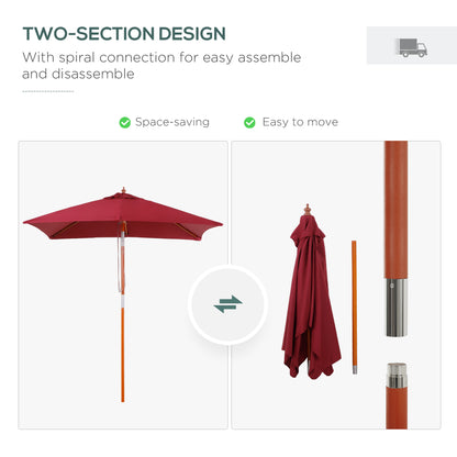 6.6x5ft Square Market Parasol, Wooden Patio Umbrella with Tilt Mechanism and 6 Bamboo Ribs, Garden Sunshade, Wine Red