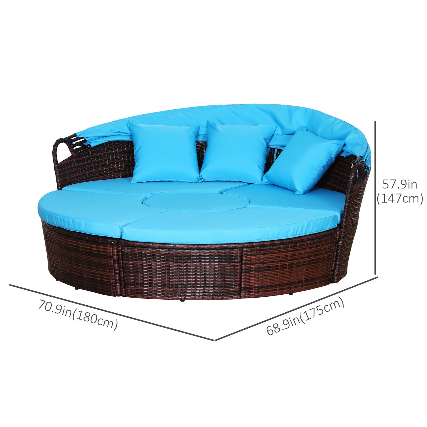 4 Pieces Outdoor Daybed with Retractable Canopy, PE Rattan Wicker Round Sofa Day Bed, Patio Sectional Conversation Furniture Set with Cushions and Pillows, Light Blue
