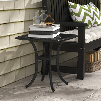 21" Square Outdoor End Table, Cast Aluminum Patio Side Table with Umbrella Hole for Garden, Balcony, Poolside, Black