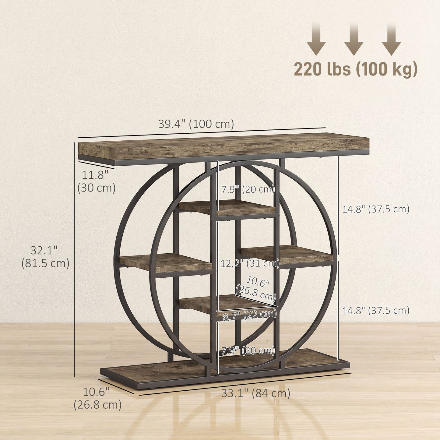39.4" Console Table with Storage Shelves, Industrial Sofa Table for Living Room, Hallway, Rustic Brown