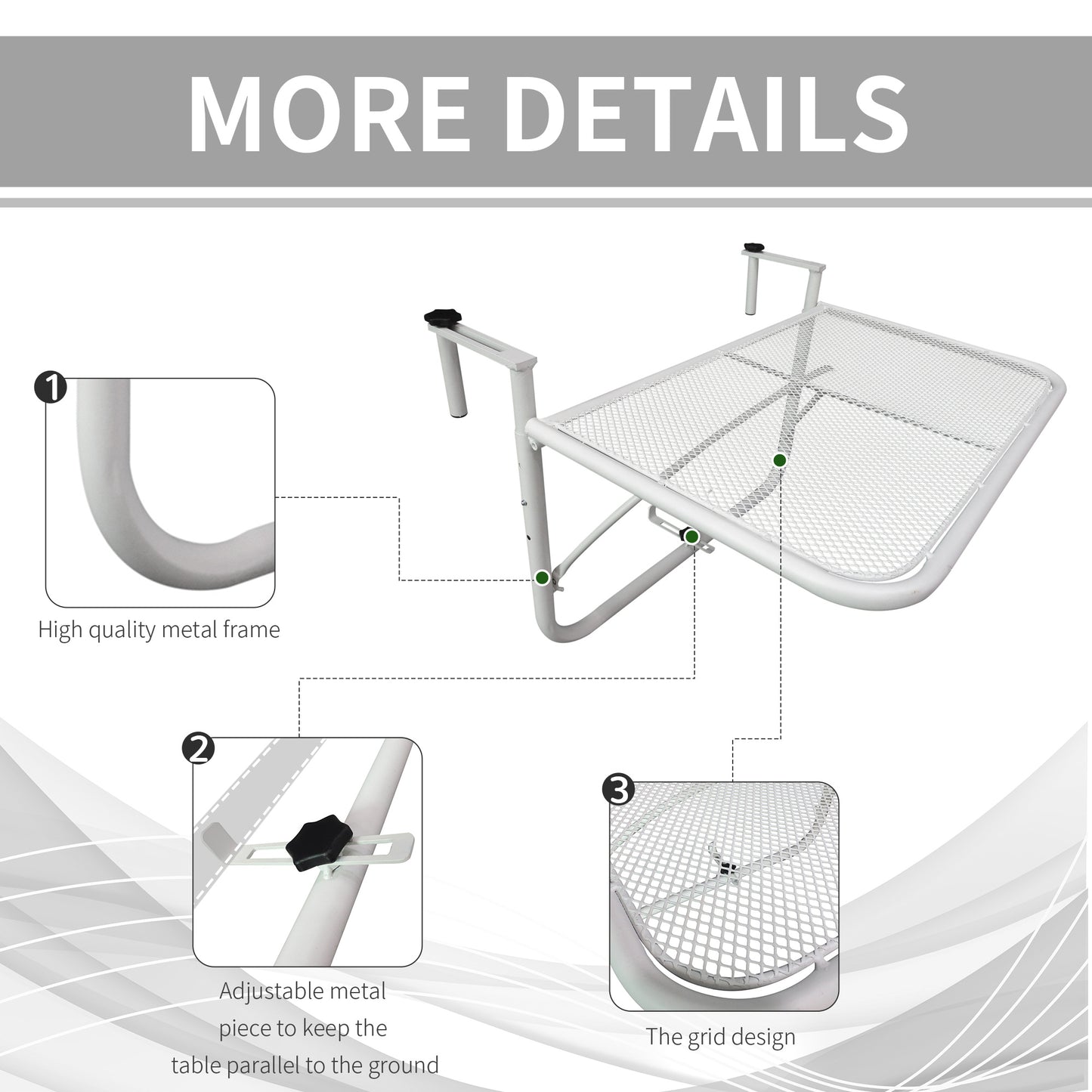 Adjustable Balcony Hanging Railing Table, Metal Mounting Mini Wall Desk Storage Rack, Outdoor Flower Stand Serving Table Rectangle, White
