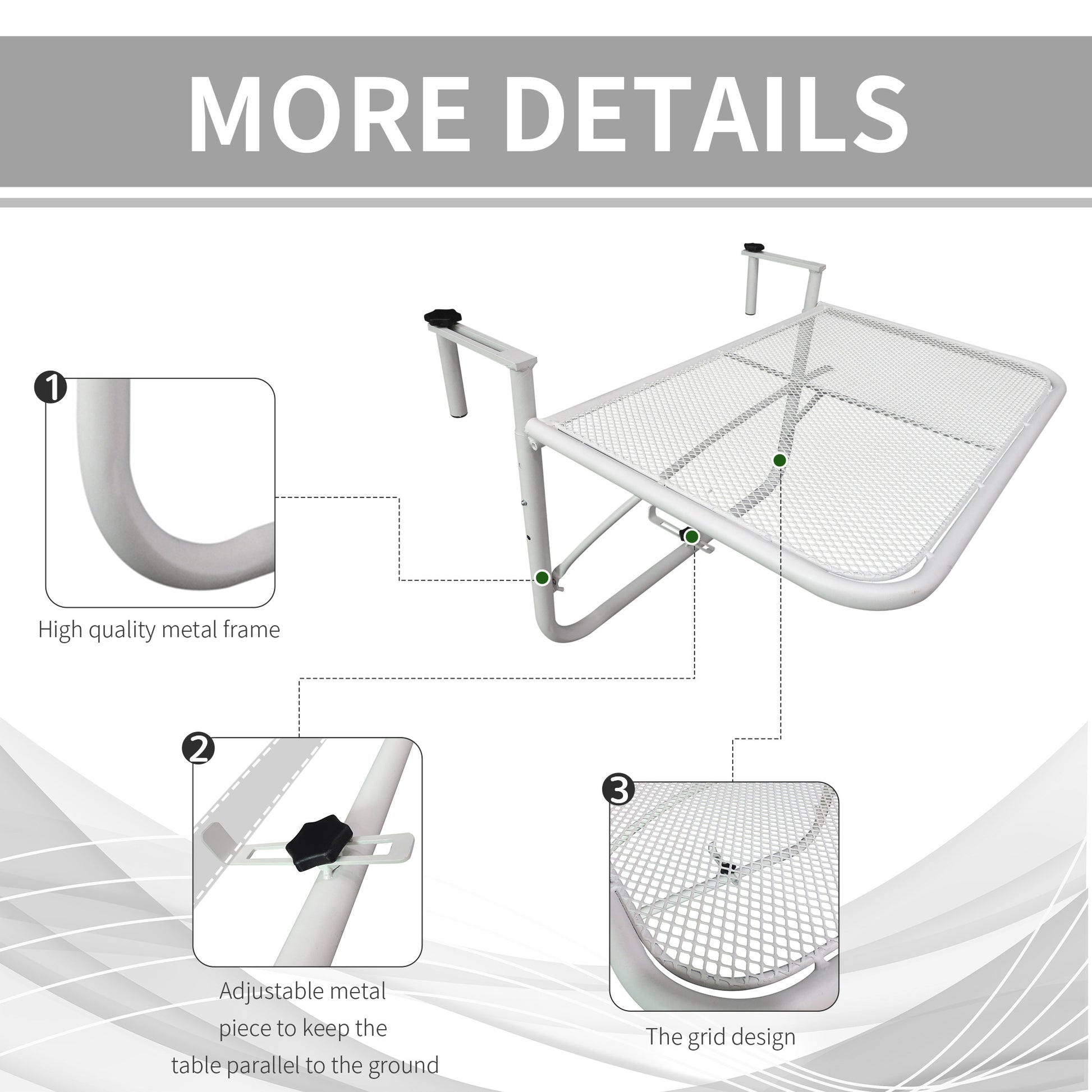 Adjustable Balcony Hanging Railing Table, Metal Mounting Mini Wall Desk Storage Rack, Outdoor Flower Stand Serving Table Rectangle, White