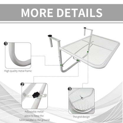 Adjustable Balcony Hanging Railing Table, Metal Mounting Mini Wall Desk Storage Rack, Outdoor Flower Stand Serving Table Rectangle, White