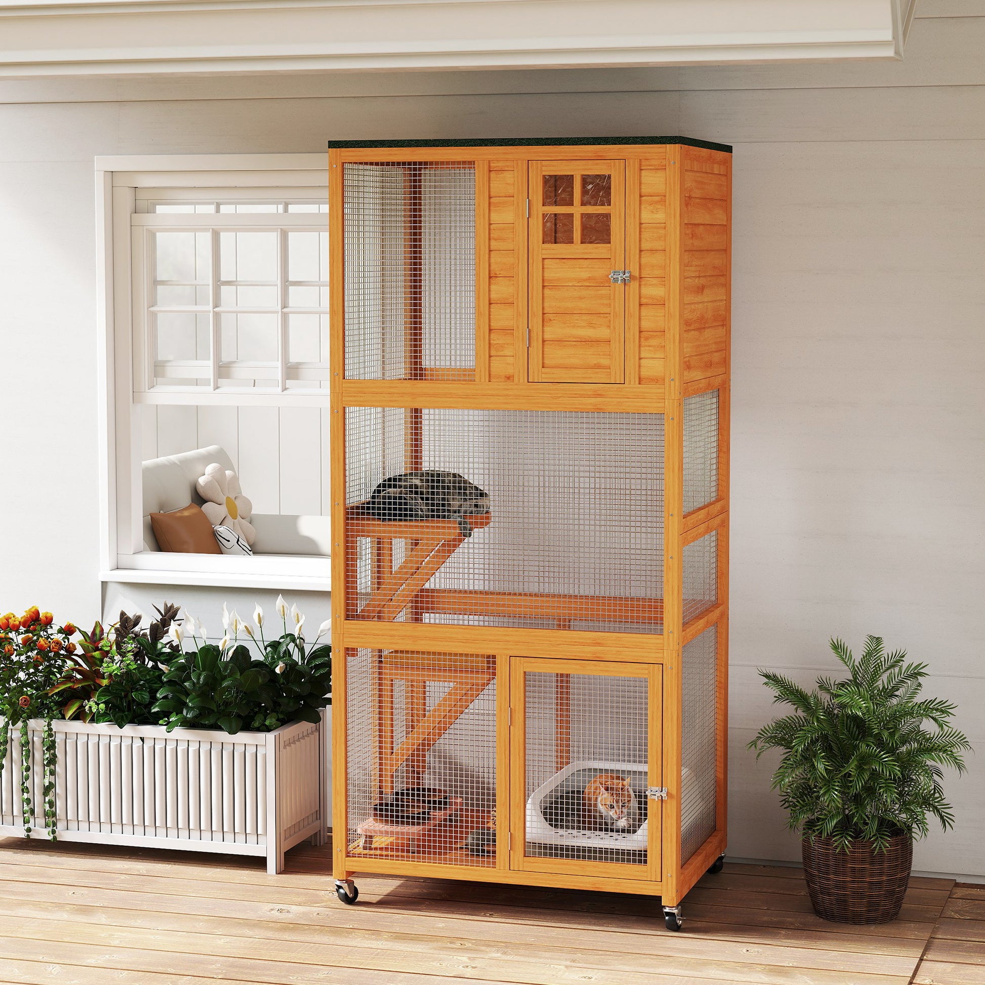 74" Wooden Outdoor Cat House Weatherproof & Wheeled with High Weight Capacity, Kitten Cage Condo, Orange