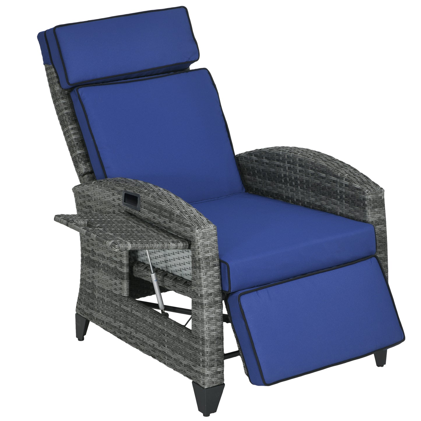 Outdoor Recliner Chair with Adjustable Backrest, Cushion, Side Tray, Dark Blue